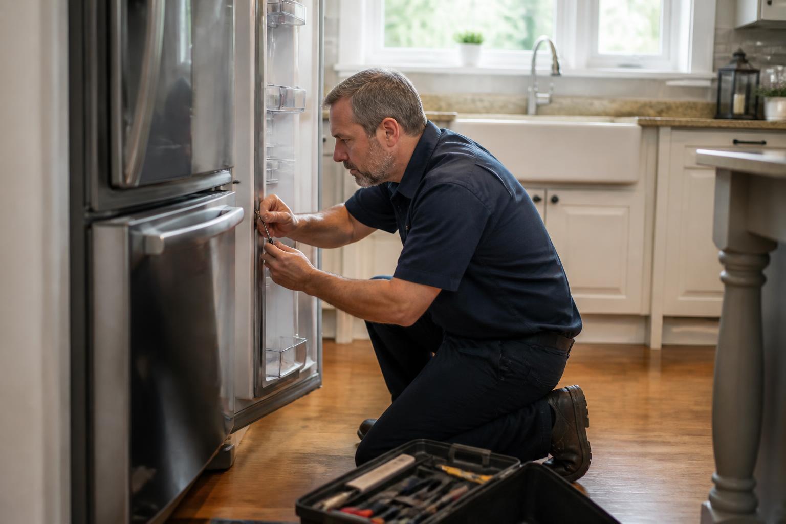Appliance repair technician servicing a refrigerator in a West Alexandria Ohio home
